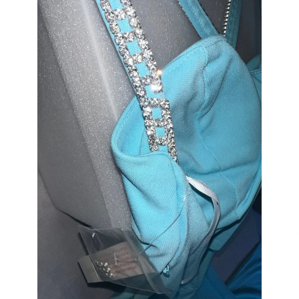 Nicole Bakti Turquoise Blue Rhinestone Ruched Formal Prom Gown Dress Womens Sz S - Picture 11 of 12